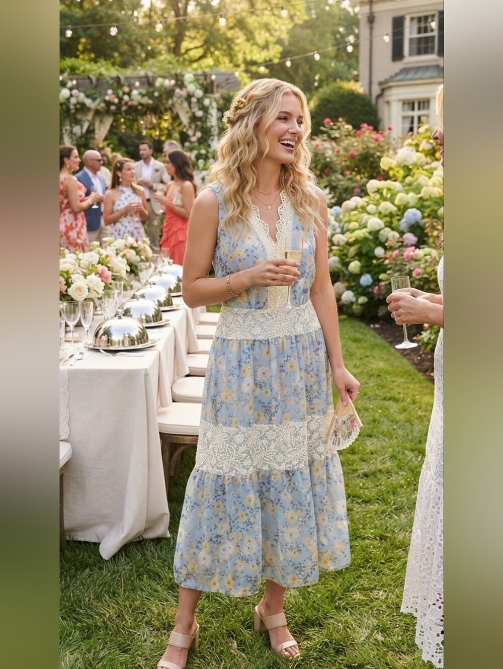 NWOT Marchesa Drop Waist Light Blue Floral Midi Dress with Ivory Lace M